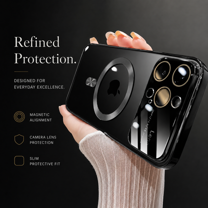 A hand in a pale sleeve holds a dark reflective case horizontally. A circular magnetic marking surrounds the Apple logo and gold rims outline the camera openings. The heading reads Refined Protection, beside alignment, camera protection and fit labels.