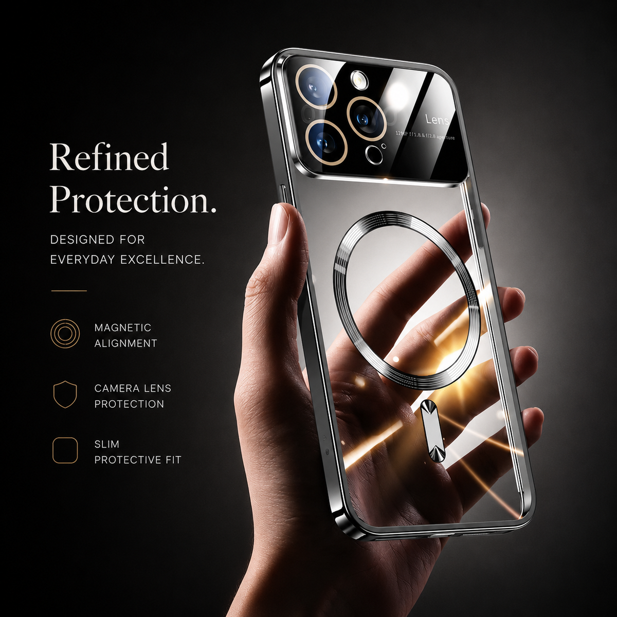 A hand holds a silver reflective case upright against a dark background. Its circular magnetic marking, short bar and raised camera openings are crossed by bright angular reflections. The heading reads Refined Protection.