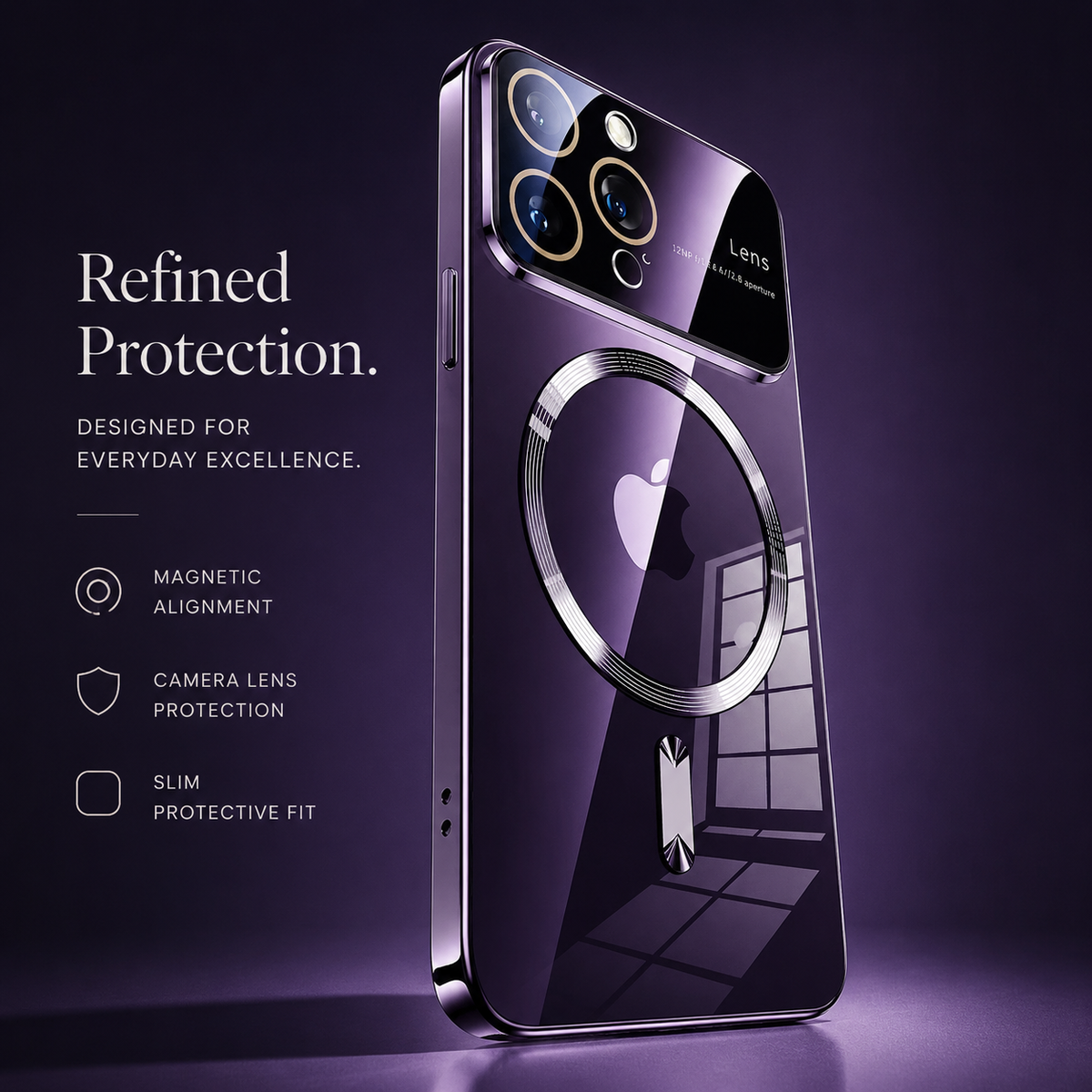 A purple reflective case stands upright on a softly lit purple display surface. Window-grid reflections stretch across its back around the circular magnetic marking. The heading reads Refined Protection, beside labels for magnetic alignment, camera borders and fit.