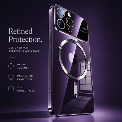 A purple reflective case stands upright on a softly lit purple display surface. Window-grid reflections stretch across its back around the circular magnetic marking. The heading reads Refined Protection, beside labels for magnetic alignment, camera borders and fit.