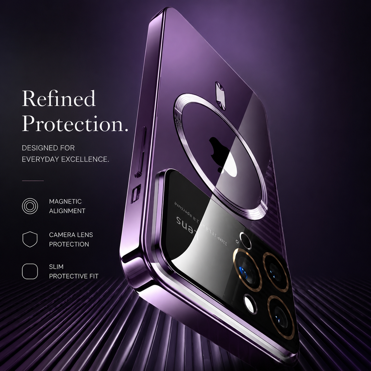 A purple reflective case leans diagonally above a ribbed purple surface. Its circular magnetic marking and camera panel reflect bright studio light. The heading reads Refined Protection, with labels for alignment, lens protection and a slim profile.