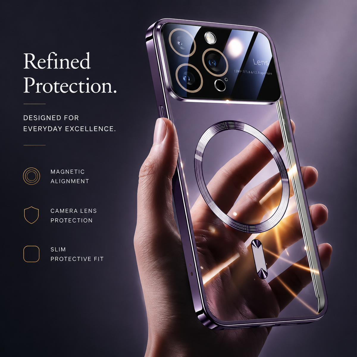 A hand holds a purple-tinted reflective case upright against black. An orange diagonal reflection crosses its circular magnetic marking, while blue reflections highlight the camera panel. The heading reads Refined Protection.
