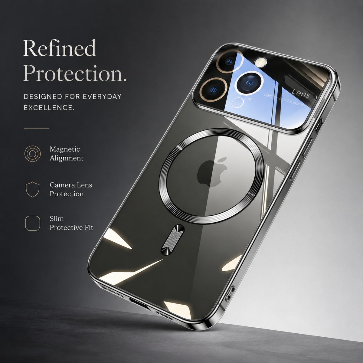 A silver reflective case stands diagonally on a pale gray surface. Its magnetic circle surrounds the Apple logo beneath the raised camera panel, and angular reflections cross the back. The heading reads Refined Protection, with feature labels.