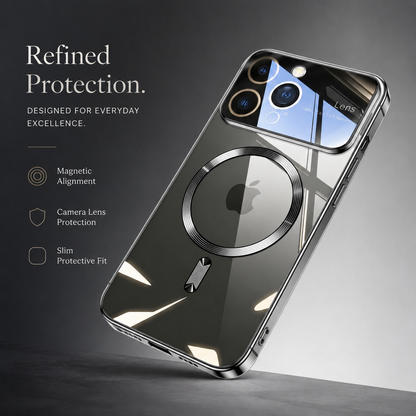 A silver reflective case stands diagonally on a pale gray surface. Its magnetic circle surrounds the Apple logo beneath the raised camera panel, and angular reflections cross the back. The heading reads Refined Protection, with feature labels.