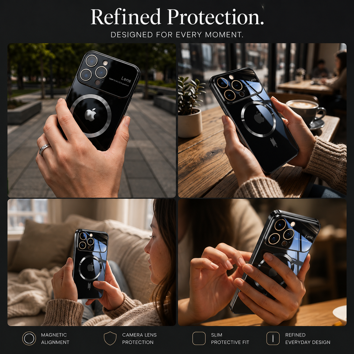 A four-photo collage shows a dark reflective phone case with gold-colored camera borders. Upper left, a hand holds it along a tree-lined paved walkway. Upper right, hands hold it above a wooden café table beside coffee and a small plant. Lower left, a woman in a cream sweater uses the phone on a pale sofa. Lower right, hands hold the phone near a small charging connector. The heading reads Refined Protection.