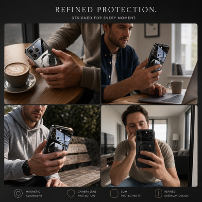 A four-photo collage shows men using a reflective phone case at café tables, outdoors and while taking a mirror photo. Cups, jackets and softly blurred surroundings frame the phones. The heading reads Refined Protection.