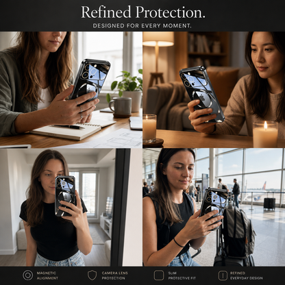 A four-photo collage shows women using reflective phone cases at laptop tables, seated indoors, taking a mirror photo and walking near café seating. The circular magnetic marking is visible on the backs. The heading reads Refined Protection.