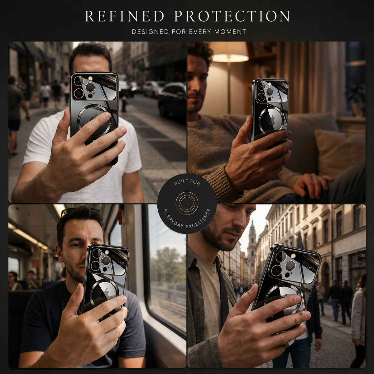 A four-photo collage shows men holding reflective phone cases indoors and on city streets. A circular close-up of the rear magnetic marking appears at the center. The heading reads Refined Protection, beside alignment, camera protection, profile and finish icons.