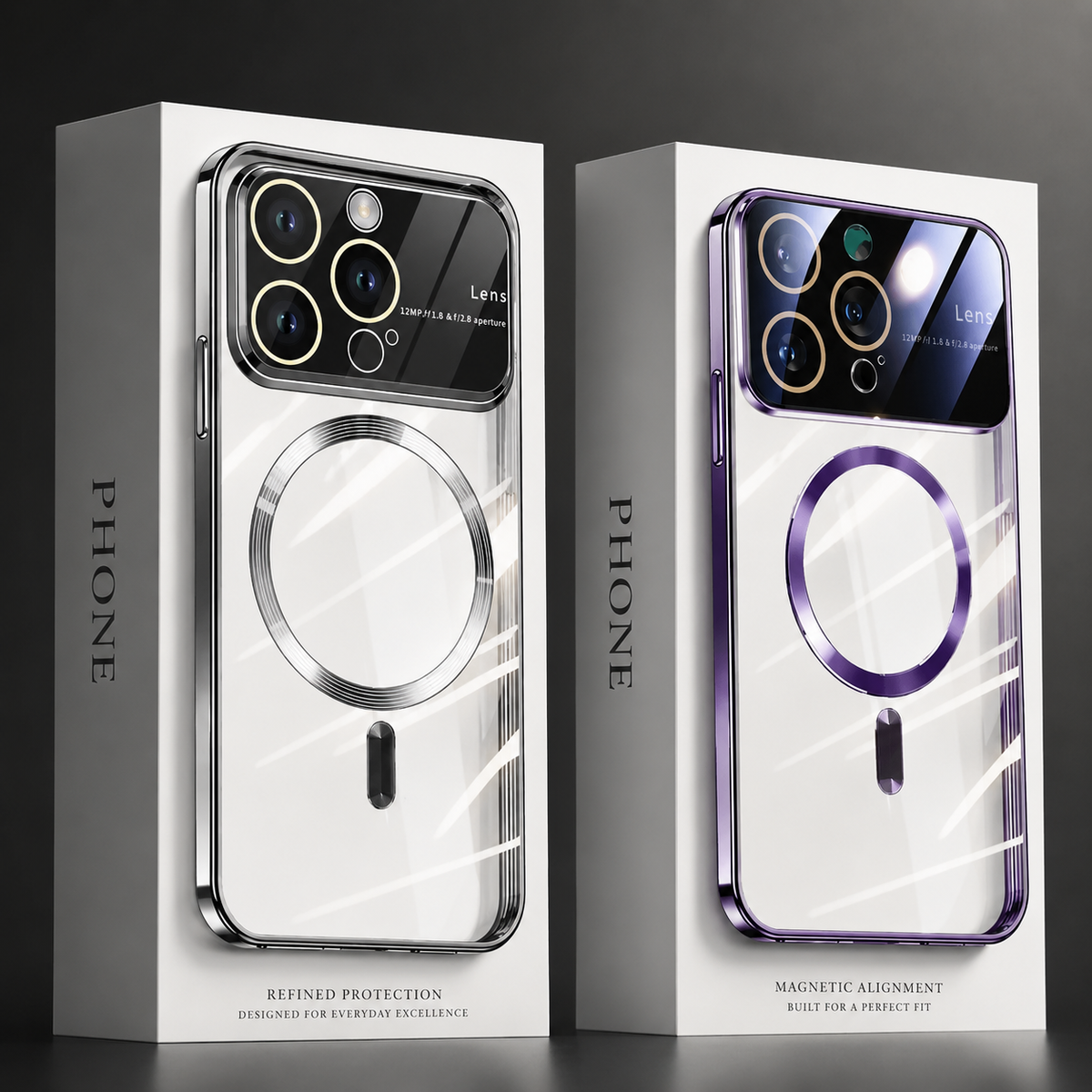 Silver and purple reflective cases are displayed upright inside two white product boxes against a dark background. Each box has vertical Phone lettering, while the case backs show circular magnetic markings and raised camera borders. The heading reads Refined Protection.