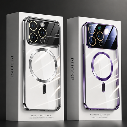 Silver and purple reflective cases are displayed upright inside two white product boxes against a dark background. Each box has vertical Phone lettering, while the case backs show circular magnetic markings and raised camera borders. The heading reads Refined Protection.