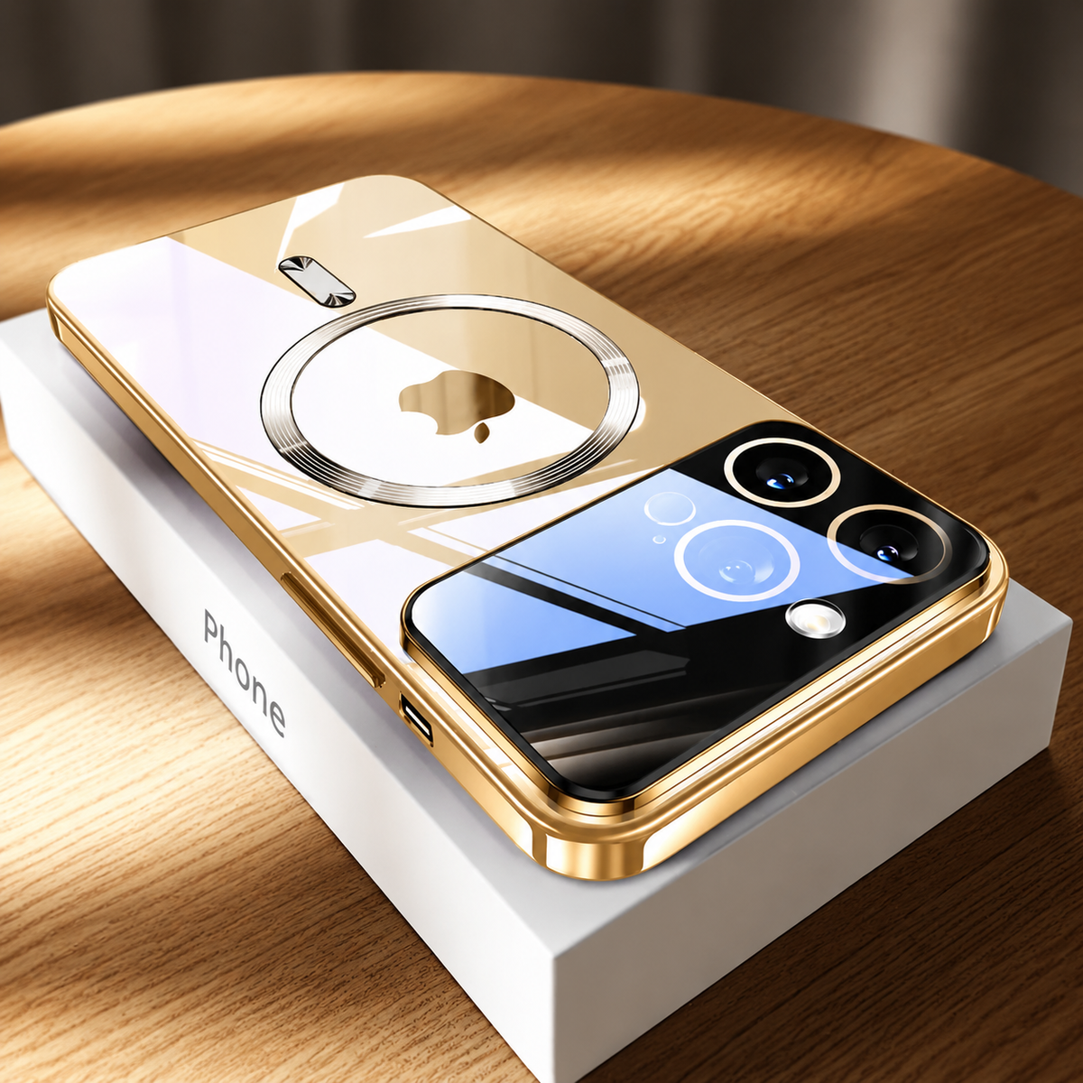 A highly reflective clear-backed phone case with gold edges lies diagonally on a white phone box atop a wooden table. A circular magnetic marking surrounds the Apple logo, with a short bar below. Dark and blue window reflections cross the glossy surface and camera panel, while the side frame and charging cutouts remain visible.