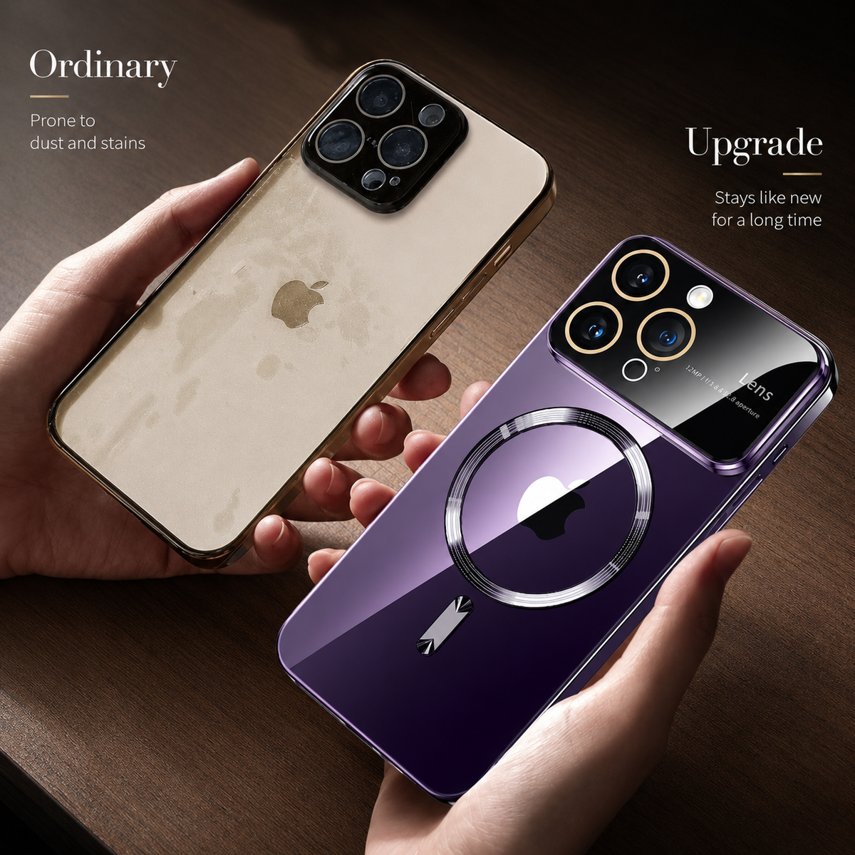 Two hands compare a pale case labeled Ordinary with a reflective purple case labeled Upgrade. The purple case has a circular magnetic marking and raised camera borders. The graphic presents the pale case as yellowed and the purple version as clear over time.