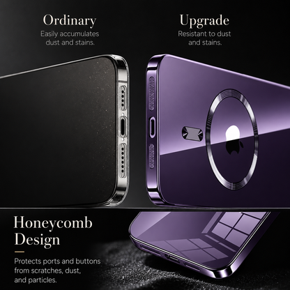 Side-profile comparison places a silver phone labeled Ordinary beside a purple phone labeled Upgrade. A lower cutaway diagram reveals a honeycomb pattern inside the corner. Text describes elasticity, dust resistance and corner cushioning.