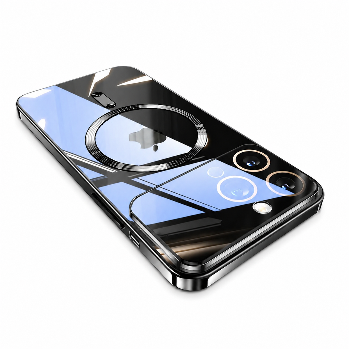 A highly reflective clear-backed phone case with dark silver edges lies diagonally on white. A circular magnetic marking surrounds the Apple logo, with a short bar below. Dark and blue window reflections cross the glossy surface and camera panel, while the side frame and charging cutouts remain visible.