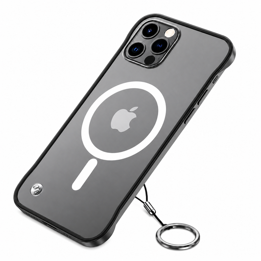 Gray phone in a slim clear case with black edging and a white circular magnetic alignment mark. A small tether connects the lower back to a silver-colored finger ring.