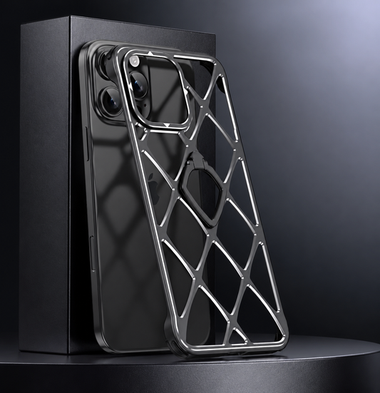 A dark metallic open-lattice case leans against a phone and black box on a dark round platform.