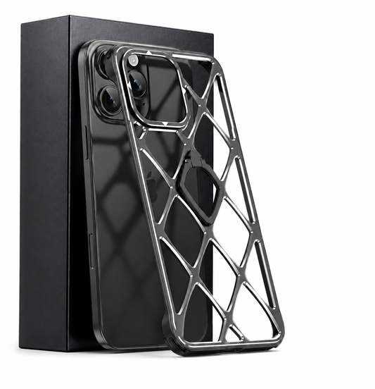 A silver open-lattice case leans against a dark phone and black box on white. Diagonal bars form large diamond openings across its back.
