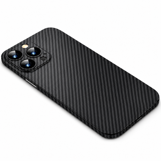 A black and gray diagonal woven-style phone case lies against white, with a matching camera panel and separate circular lens openings.