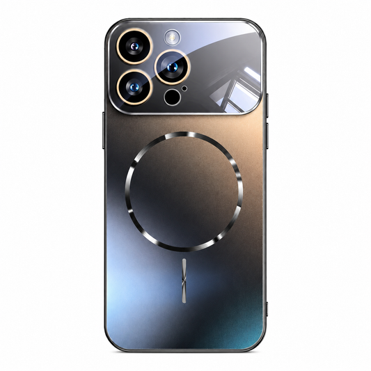 A dark reflective phone case stands against white, showing bronze-blue reflections, a metallic-looking rear ring and small lightning-like mark beneath a broad glossy camera panel.