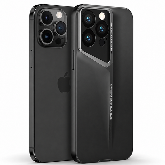 A black phone stands beside a black case on white. The case has a slanted metallic camera border and a tapered blade-like ridge down its matte back.