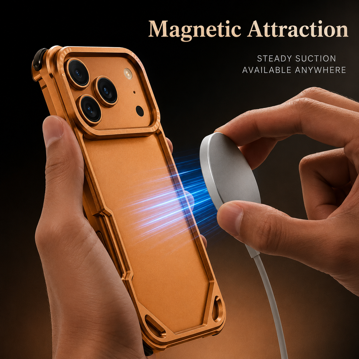 A hand holds an orange phone in a slim bumper as another hand brings a charging puck near its back. Blue illustrated lines represent magnetic attraction.