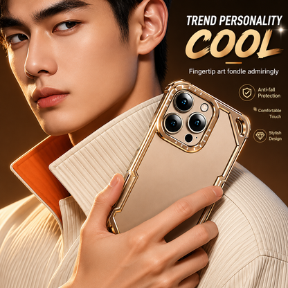 A young man in a cream ribbed top holds a gold-colored bumper case beside his face. Text advertises a comfortable feel and protection.