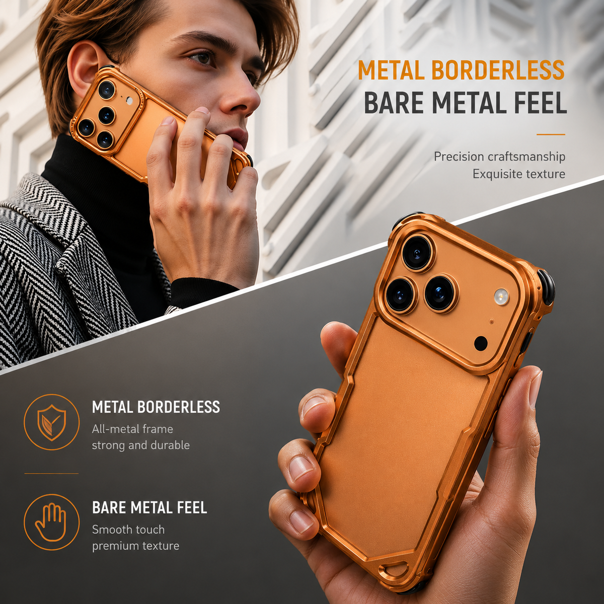 A collage shows a man using an orange bumper case for a call and a hand holding it upright. Text describes a borderless metal frame and bare-phone feel.