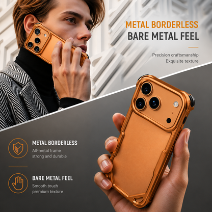 A collage shows a man using an orange bumper case for a call and a hand holding it upright. Text describes a borderless metal frame and bare-phone feel.