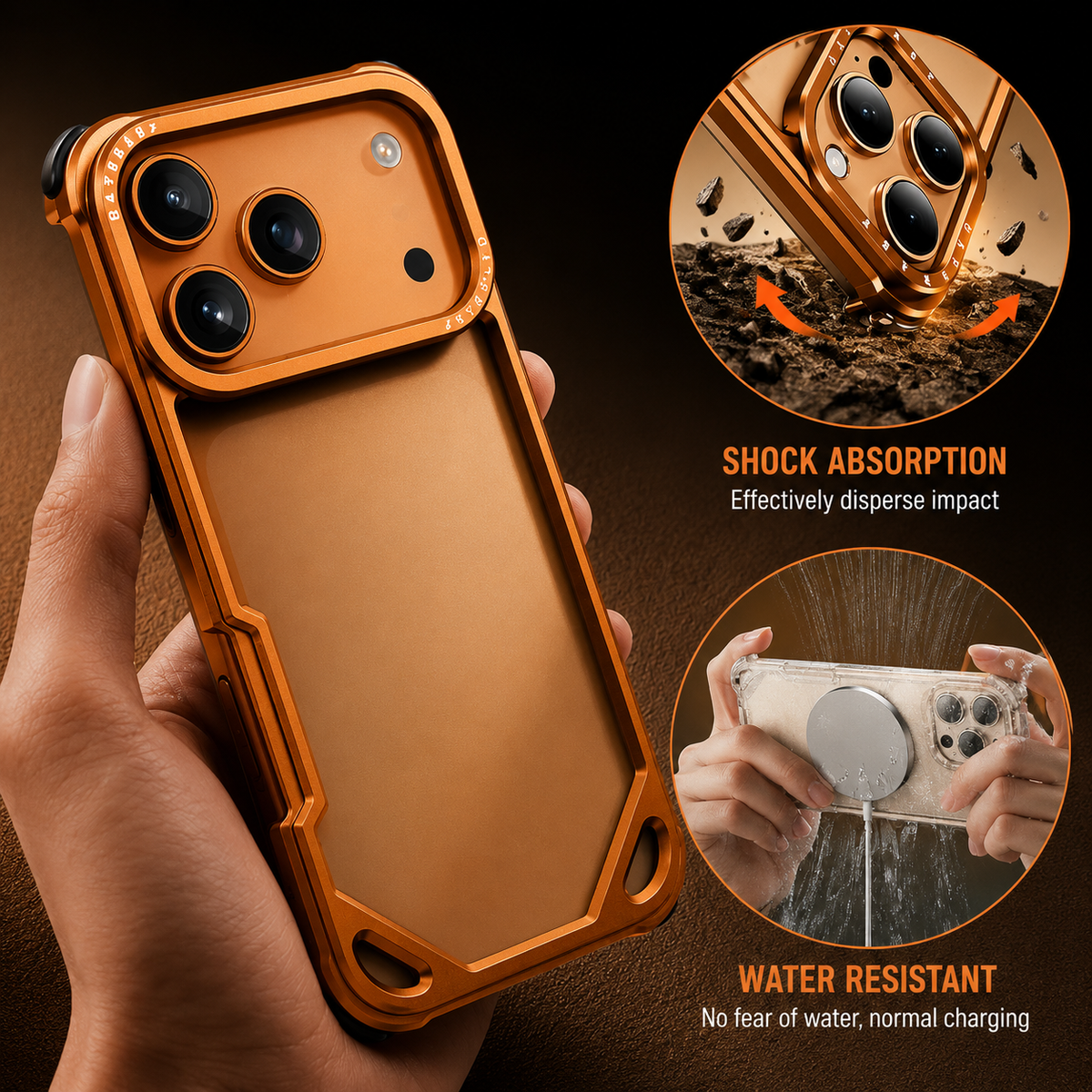 A hand holds an orange bumper case beside insets of an illustrated impact and a phone sprayed with water. Text advertises shock absorption and water resistance.