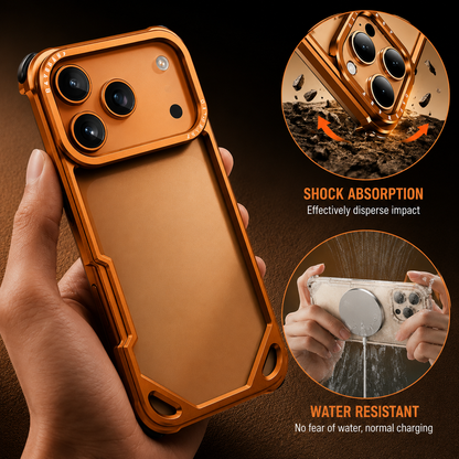 A hand holds an orange bumper case beside insets of an illustrated impact and a phone sprayed with water. Text advertises shock absorption and water resistance.