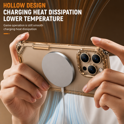 A person holds a gold-colored bumper case horizontally with a charging puck attached. Illustrated airflow lines and text advertise heat dissipation.