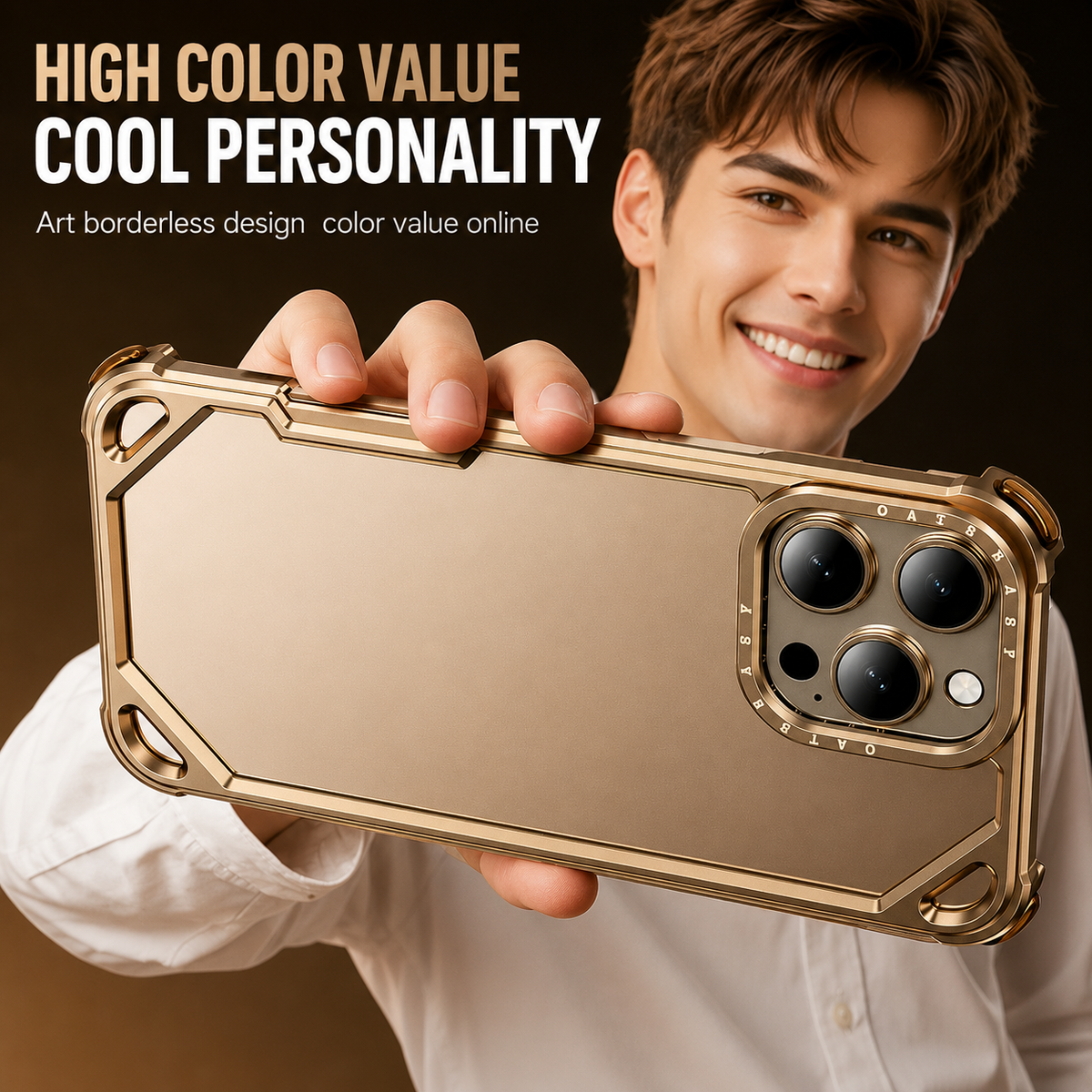A smiling man holds a gold-colored bumper case horizontally toward the viewer. Text describes the color and borderless design.