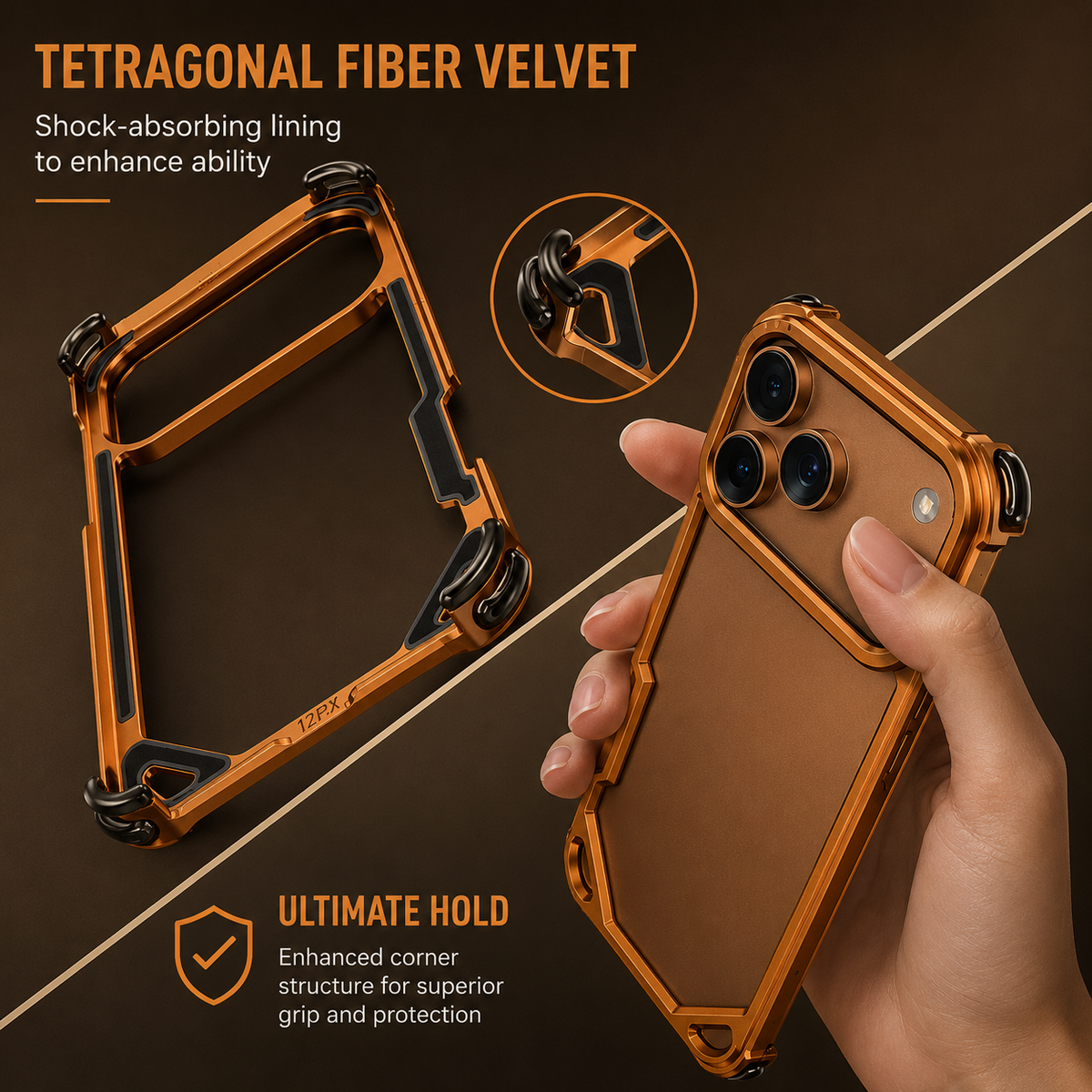 A hand holds an orange phone beside an empty bumper frame with a cushioning inset. Text describes a shock-absorbing lining and reinforced corners.
