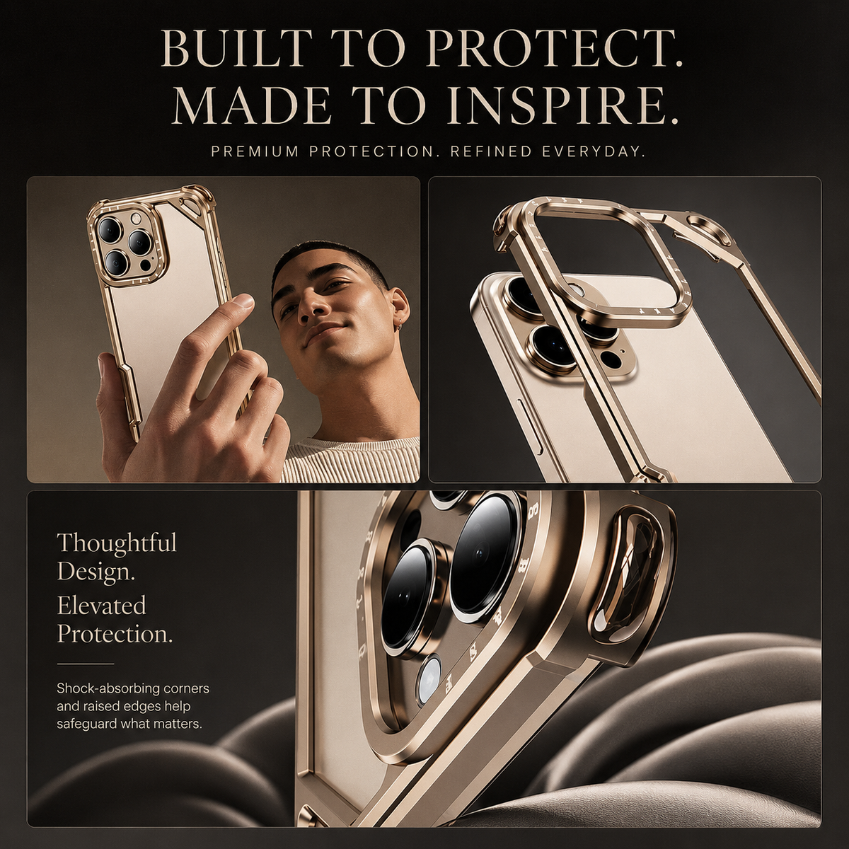 A three-panel collage shows a man holding a pale phone, an empty bumper frame and a close-up of its reinforced camera corner. Text advertises protection.