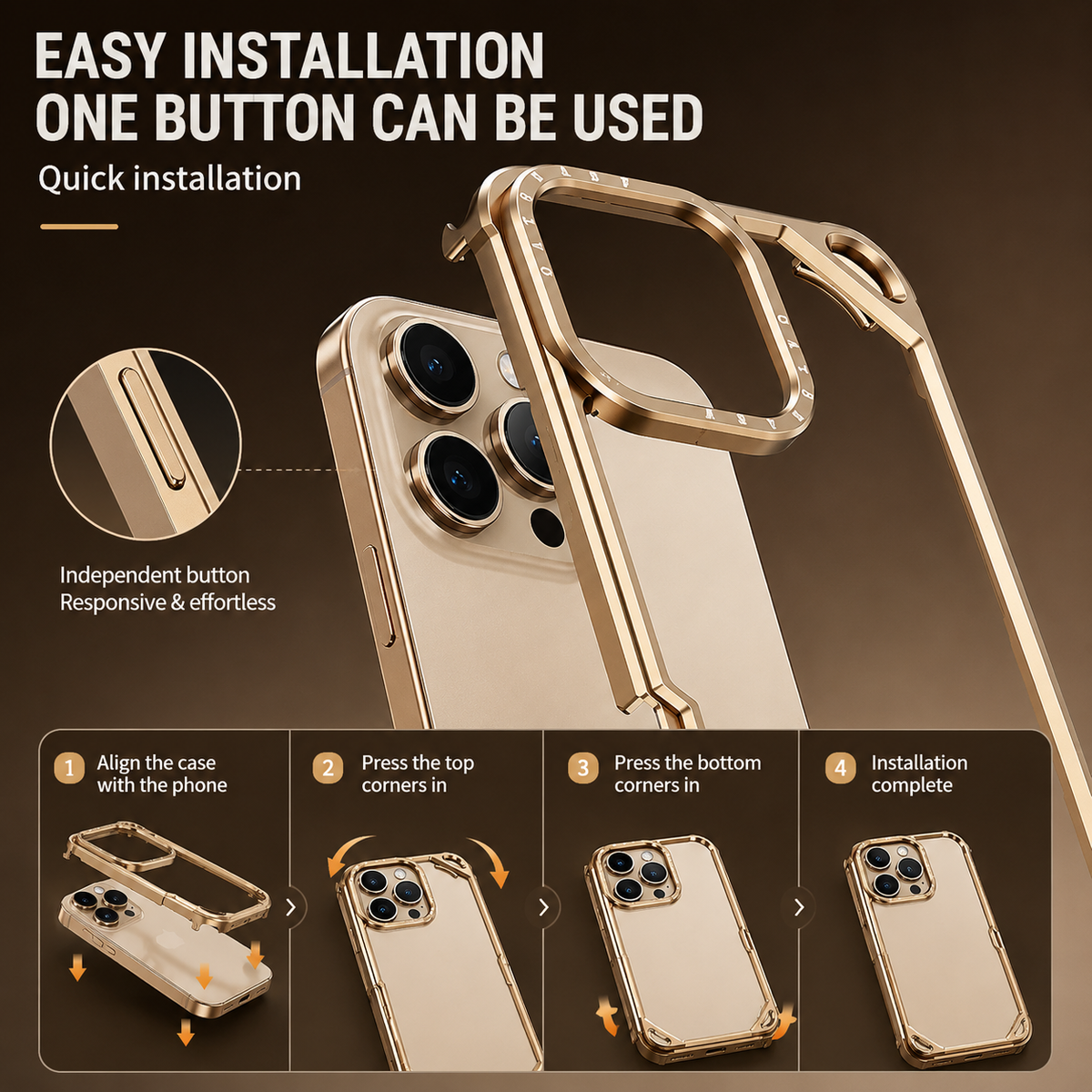 An empty gold-colored bumper frame floats above a phone beside four installation steps. Text describes aligning the frame and pressing the corners into place.