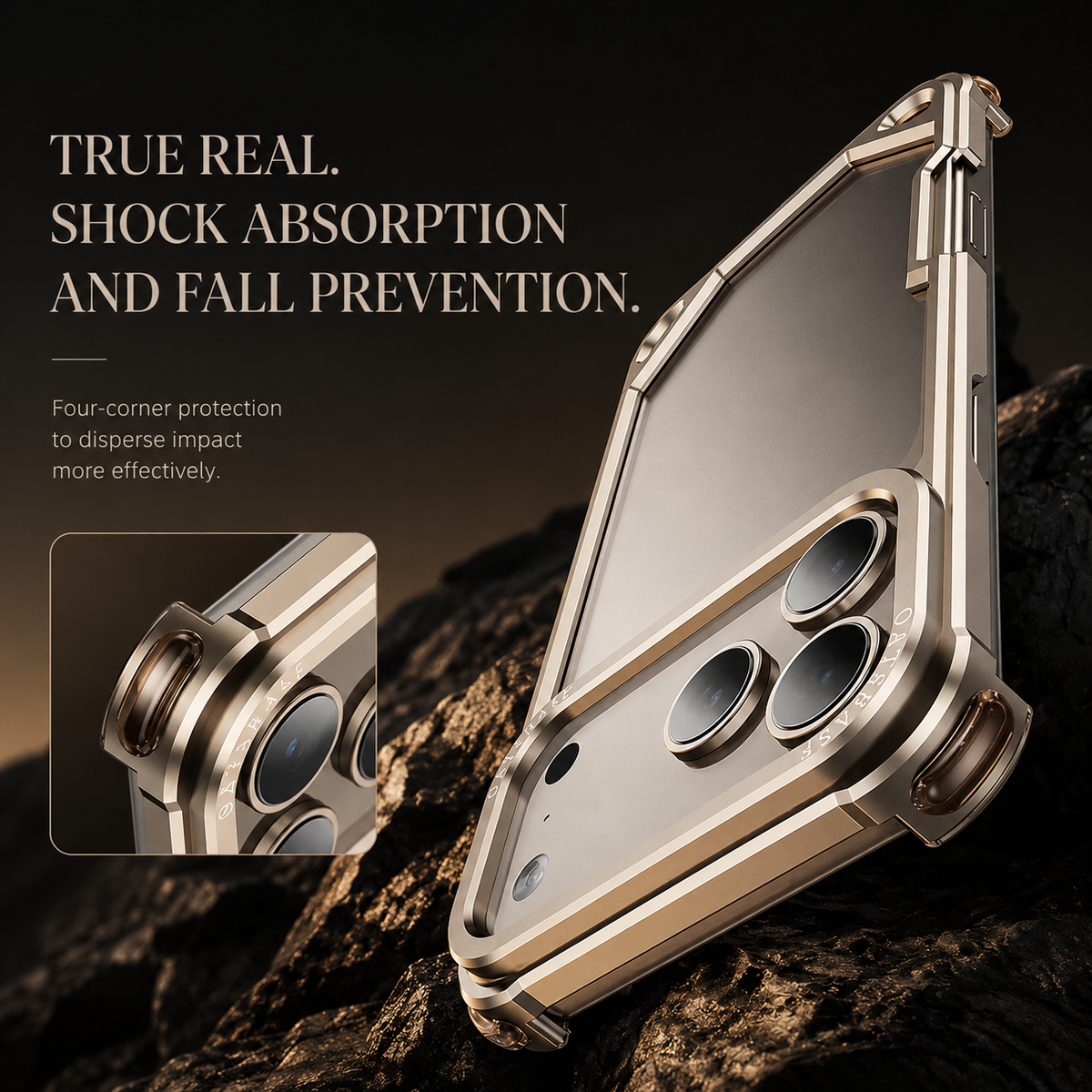 A gold-colored bumper case lies diagonally against rough rock, with an inset magnifying its camera corner. Text advertises shock absorption and fall protection.