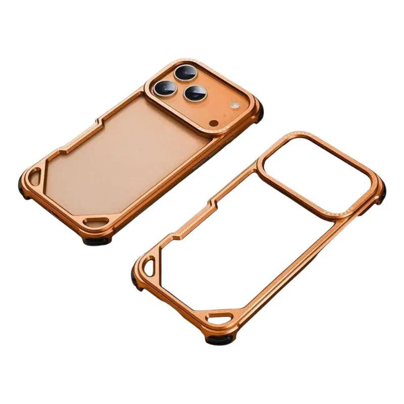 A cream phone in an orange slim bumper lies beside an empty matching frame on white, showing raised corners and a wide camera surround.