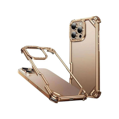 A gold-colored phone stands beside its empty matching bumper frame, with open sides, reinforced corners and a fitted camera surround.