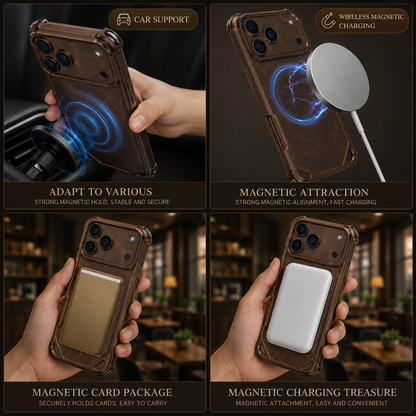 Four panels show a gold-colored bumper case attaching to a car mount, charging puck, card wallet and power bank. Illustrated blue rings indicate magnetic attachment.