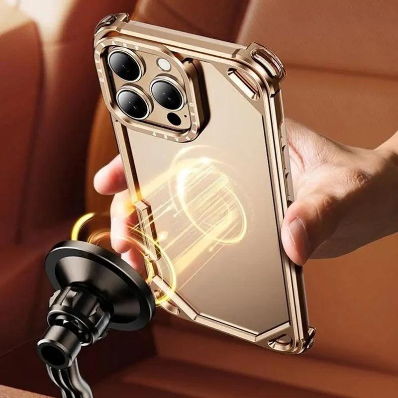 A hand holds a gold-colored phone in a slim bumper near a car mount. Glowing illustrated rings indicate magnetic attachment to the exposed back.