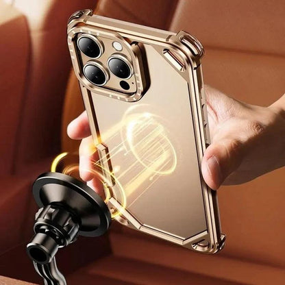 A hand holds a gold-colored phone in a slim bumper near a car mount. Glowing illustrated rings indicate magnetic attachment to the exposed back.