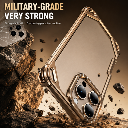 A gold-colored bumper case is illustrated falling among rocks and fragments. Text advertises military-grade strength and protection.