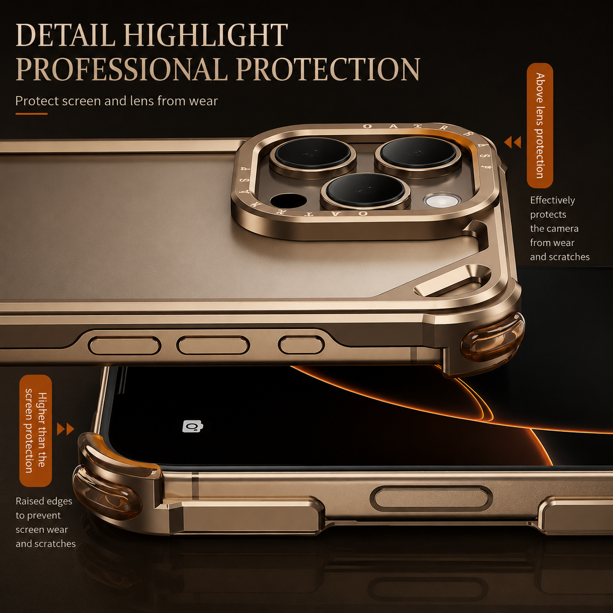 Close-ups compare raised edges around the phone's camera and screen. Text advertises protection from wear and scratches.