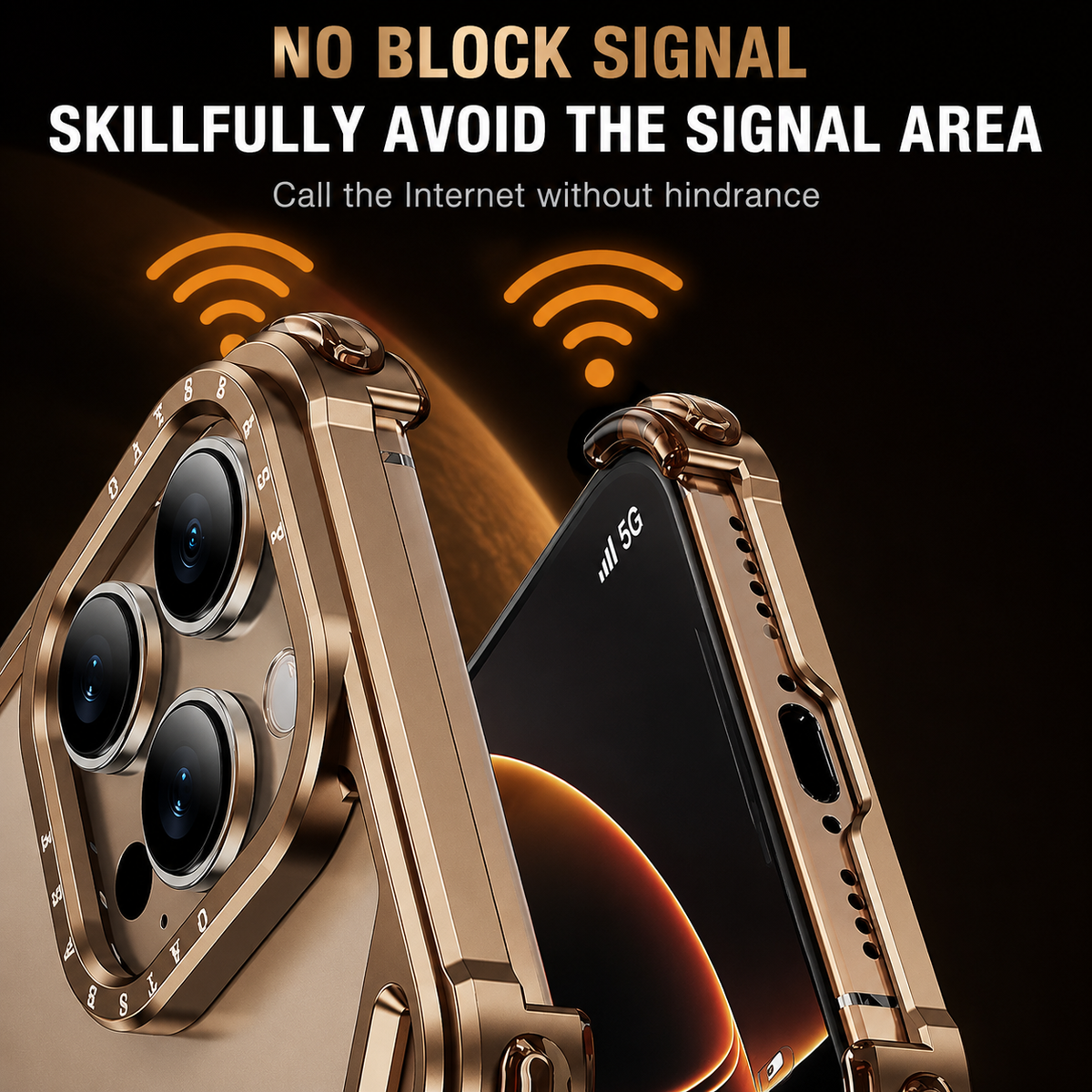 Front and rear views of gold-colored bumper cases stand beneath illustrated wireless signal icons. Text advertises an open design that avoids blocking signal.
