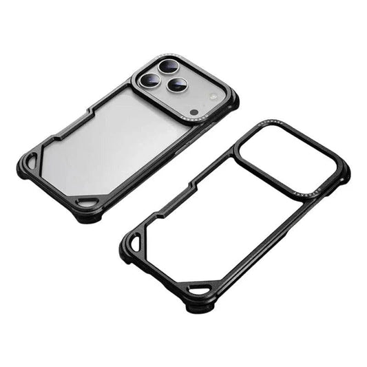 A white phone in a black slim bumper lies beside an empty matching frame on white. Raised corners and a wide camera surround leave the phone back exposed.