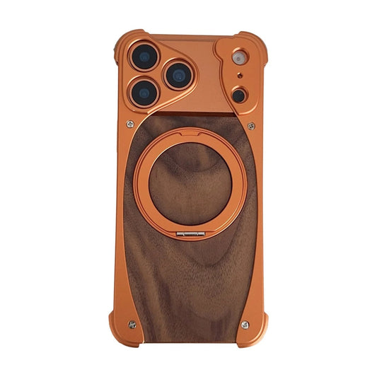 Rear view of an orange metal-looking phone frame around a brown wood-grain back on white. Screws secure its rounded corner pieces, separate openings surround the cameras and a large folding orange ring lies flat at the center.