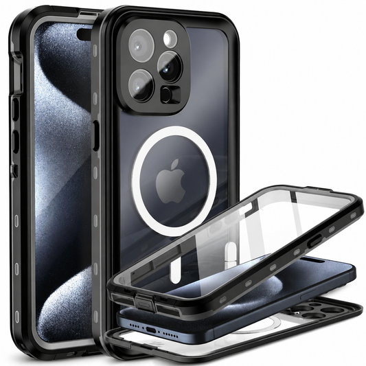 Front, back and separated-layer views show a black full-body phone case. Its clear back displays a white circular magnetic ring and Apple logo, with a thick camera surround and covered front.