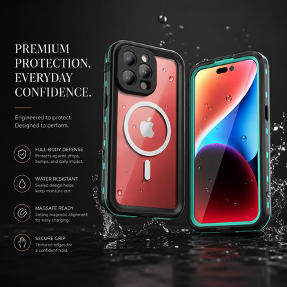 Red phone inside a turquoise-accented black magnetic case shown from front and back amid water splashes. Text advertises full-body defense, water resistance, MagSafe readiness and secure grip.