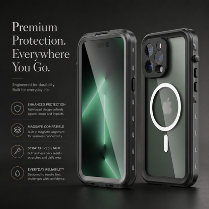 Gray full-body magnetic case shown from front and back on a dark surface. Text claims protection, MagSafe compatibility, a scratch-resistant 6H back and everyday reliability.