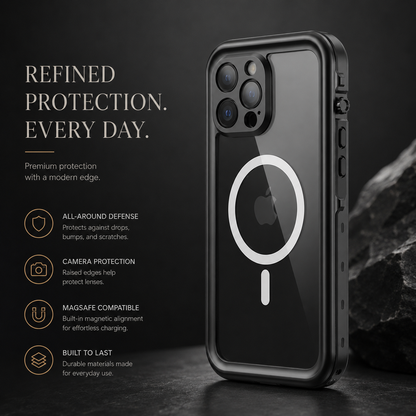 Black full-body case stands from the back beside rough rocks, revealing a white magnetic ring through its clear panel. Text promotes defense, camera protection and MagSafe compatibility.